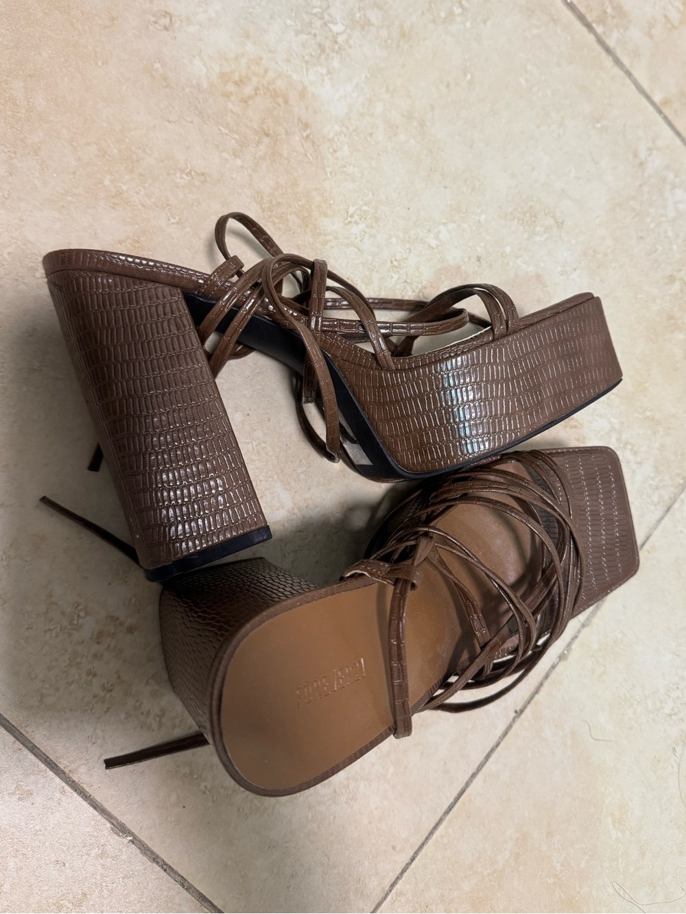 Forever 21 Brown Croc-Embossed Lace-Up Platform Heels